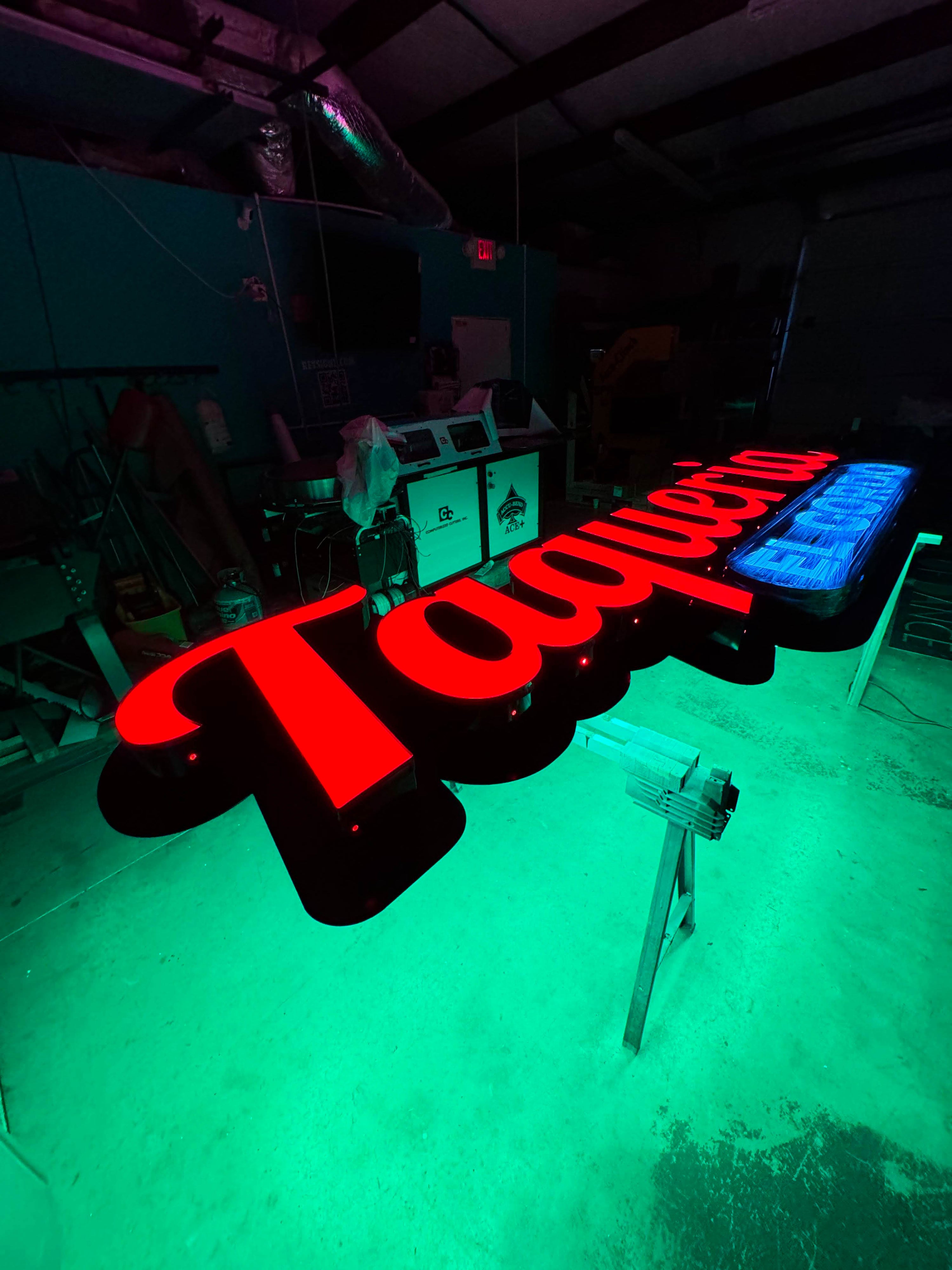 TACO SHOP LED WALL CHANNEL LETTER SIGN GREEN BACKLIT RED TEXT